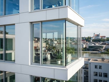 Bright architectural photography of a sunlit office window in Linz, crisp glass reflections, clean natural daylight, 35mm