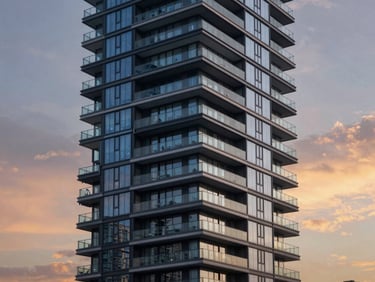 Sleek contemporary high-rise tower balconies with premium glass finishes, sunset sky in the background