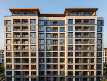 Symmetrical facade of a modern residential apartment complex under clear golden hour light