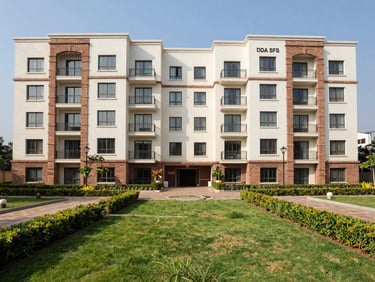 Symmetrical architectural shot of premium DDA SFS apartments in Sector 19B Dwarka, showcasing manicured lawns, clean brick accents, and bright midday sun.