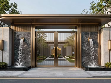 Architectural rendering of a modern luxury residential entrance gate with water features and structural gold accents