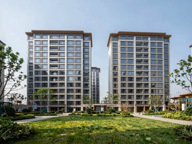 Wide-angle architectural exterior of premium high-rise apartments with landscaped gardens in the foreground, bright daylight