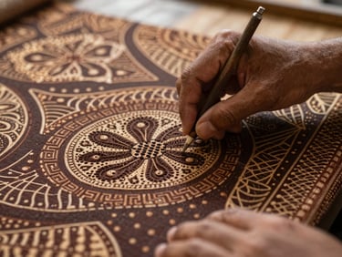 Close-up of hands crafting traditional batik fabric, warm natural lighting, detailed wax patterns on cloth, Javanese heritage craft