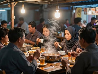 Local community members gathering at a traditional angkringan food stall under warm hanging light bulbs, steaming ginger tea