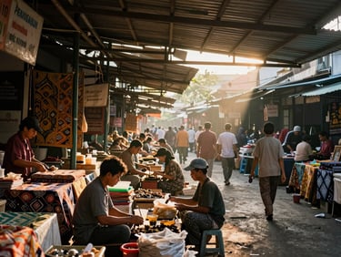 Bustling morning scene at Pasar Beringharjo, warm golden light filtering through the roof, local traders and colorful batik stalls.