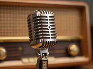 Close-up of a vintage microphone in a warm wooden radio studio, golden studio light reflecting on metallic surfaces, soft bokeh background