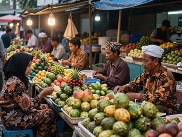 Bustling traditional market scene in Yogyakarta, colorful tropical fruits, local sellers in traditional batik attire, warm ambient light