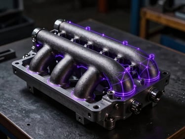 Dark technical product photography of a raw, metallic automotive engine manifold on a dark workbench, dramatic low-key lighting, sharp macro details, 35mm.