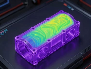 Color-coded 3D deviation analysis screen showing a mechanical cylinder head, neon purple and green gradient heat map, dark technical UI, 35mm