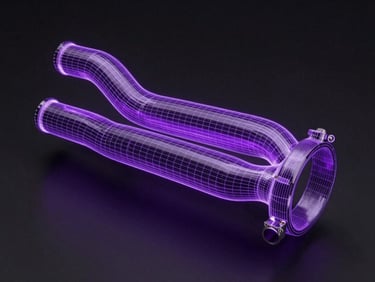 A clean CAD wireframe model of a custom automotive manifold, glowing purple lines on a dark background, technical orthographic view