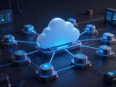 Abstract architectural diagram of cloud infrastructure, glowing blue connections, dark mode 3d render, wide topology.