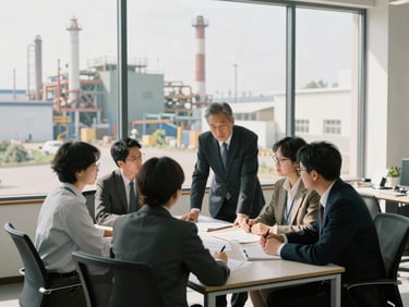 A bright, clean corporate office overlooking industrial facilities, professional team discussing plans around a table