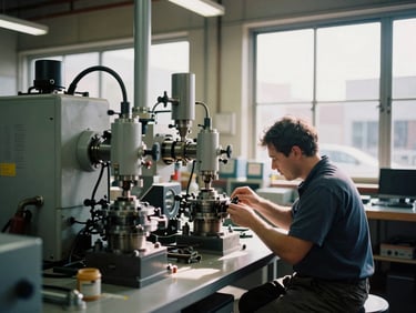 An advanced engineering workshop in Melbourne, clean machinery, a worker inspecting a component under natural window light