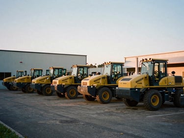 An industrial site in Australia, heavy machinery parked neatly in a modern yard, soft golden hour sunlight