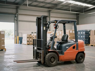 A modern Australian distribution centre with a forklift moving in the background, soft natural lighting, medium format look