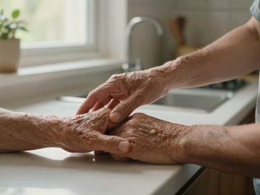 Close-up of a caregiver's hands guiding an elderly person's hand while preparing a meal at a home kitchen counter, soft natural window light, warm tones, no faces visible — focus entirely on the hands and the task