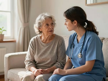 An older woman and her caregiver sitting side by side in a sunlit living room, caregiver listening attentively as the senior speaks, genuine eye contact, warm natural light from a window to the left
