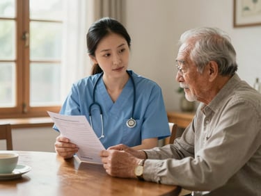 A nurse reviewing a medication list with an elderly man at his home dining table, both looking at the page together, warm afternoon light through a nearby window, calm and attentive atmosphere
