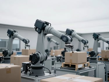 Medium shot of a modern, clean automated warehouse interior, precise robotic arms moving packages, neutral overcast daylight, desaturated navy and gray tones, sharp architectural focus, 35mm lens, no people.
