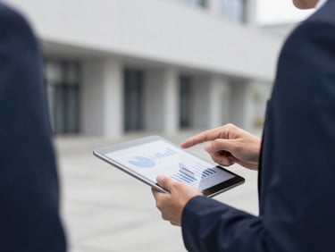 Close-up of a professional business consultation, two people reviewing a tablet with charts, clean architectural background, neutral daylight, desaturated navy and gray tones, sharp focus, 35mm lens, no faces clearly visible.