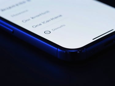Extreme close-up of a premium smartphone edge, displaying encrypted transaction logs on screen, dark editorial lighting, cobalt blue rim light