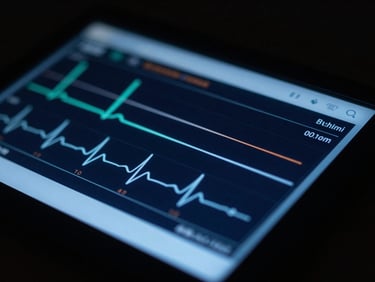 Macro shot of a medical tablet screen showing real-time heart rate telemetry, crisp UI elements, low-key lighting with cool cobalt accents