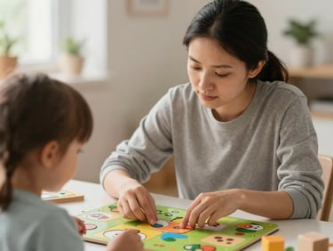A warm environmental portrait of a professional babysitter playing a creative board game with a child, natural daylight, soft focus background