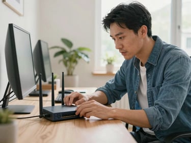 An IT specialist in a clean home office setting up a secure wireless router, explaining the process to a homeowner, bright natural light