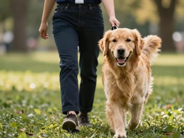 A professional pet sitter walking a happy golden retriever in a sunlit green park, medium close-up, warm natural light