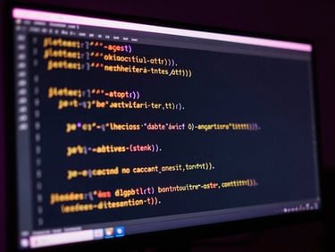 Macro shot of clean code on a dark monitor, glowing neon magenta edge-lighting, 3D glass refractions of data flow, low-key dramatic studio lighting, wide angle.
