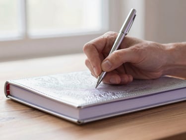 Close-up of hands writing in a silver-embossed linen journal on a wooden desk, soft morning light