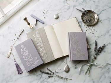 Elegant flatlay of linen journals and silver-embossed keepsakes on a white marble surface under soft morning light, lavender accents.