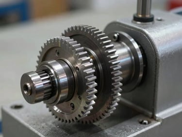 Extreme close-up of a Molins MK9 cigarette maker mechanical assembly, gear train and cam followers in sharp focus under cool strobe lighting, steel surfaces with machined detail, concrete testing bay background out of focus