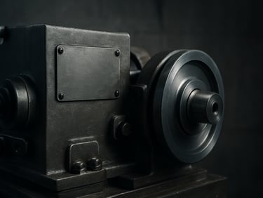 Close-up of a Hauni KDF 2 packer machine serial-number plate and drive assembly in a testing bay, cool studio strobe highlights on machined steel, shallow depth of field, industrial concrete background