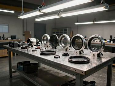 Wide shot of a Molins Passim 6 filter attachment unit in a refurbishment workshop, disassembled sub-components arranged on a steel workbench under overhead fluorescent and strobe lighting, concrete floor visible