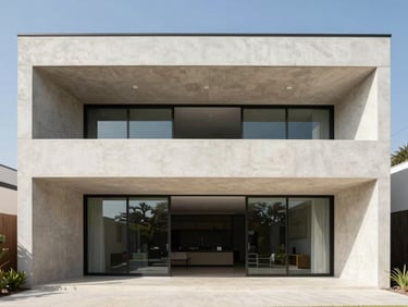 Crisp architectural photography of a modern luxury house facade in Tuxpan, clean geometric concrete structures, bright natural daylight, wide-angle lens