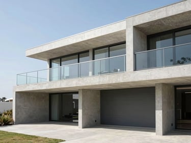 Crisp architectural photography of a contemporary coastal residence, reinforced concrete foundation, clean lines, bright daylight, 35mm