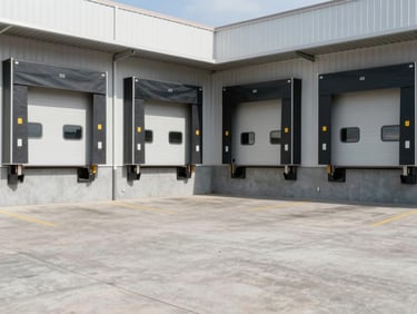Modern industrial warehouse loading docks, clean concrete pavement, bright daylight, sharp focus, 35mm