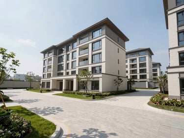Wide-angle architectural elevation of a clean residential land plot with modern infrastructure, bright daylight, 35mm