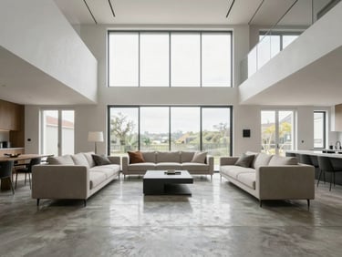 Crisp architectural photography of a modern double-height living room interior, polished concrete floors, minimalist furniture, bright natural window light