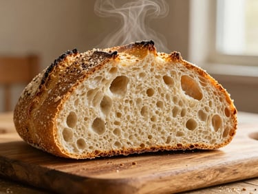 Close-up of a freshly sliced sourdough loaf showing an open, airy crumb, steam rising slightly, resting on a rustic wooden board, warm golden-hour light