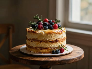 A rustic, semi-naked celebration cake decorated with wild berries and rosemary sprigs, standing on a wooden pedestal, moody warm lighting