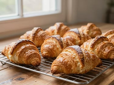 Golden-brown, flaky laminated pastries and croissants resting on a wire cooling rack, dusted with a touch of sugar, soft morning window light