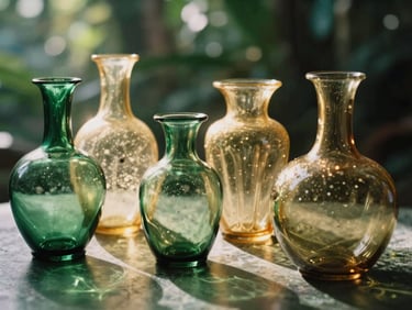 Soft colored light filtering through hand-blown green and gold glass vessels onto a calm surface, mystical atmosphere, 35mm.
