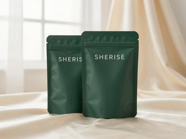 Still life of SHERISE mixed flow pack packaging, elegant and minimalist, on a warm silk cream background, soft morning window light.