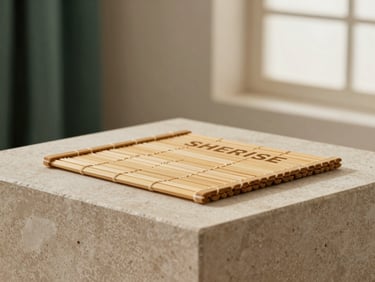 Elegant product packaging on a stone plinth, with a single SHERISE bamboo pad, warm diffused side-lighting, muted silk cream and deep forest green tones.