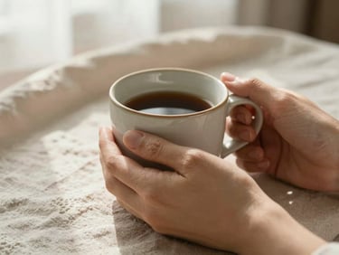 Close-up of hands holding a warm ceramic mug on a soft linen cloth, diffused morning light, peaceful atmosphere.
