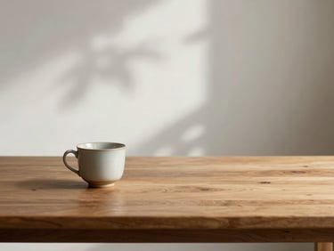 Soft diffused daylight falling on an empty warm wooden table with a ceramic cup, soft shadow of leaves on the wall behind, calm and serene mood, wide composition.