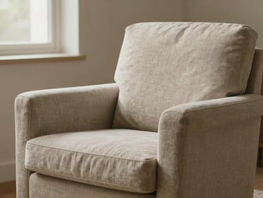 A comfortable, empty linen armchair in a warm therapeutic office, neutral tones, soft diffused daylight coming from a side window, peaceful and inviting.