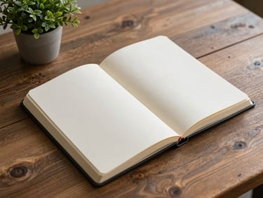 An open notebook with clean pages lying on a rustic wooden desk next to a small green plant, soft shadows.